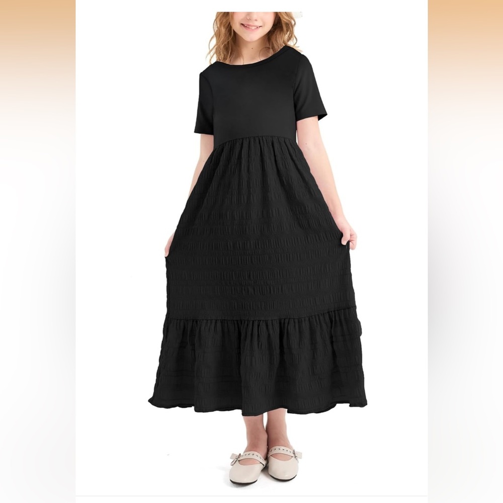 PatPat Black Casual Kids maxi Boho short sleeve long Dress with pockets